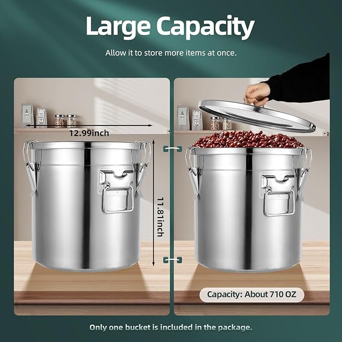 DYNAMI 5.5Gal 304 Stainless Steel Airtight Container with Lid and Locking Clamp,17-38Lbs Metal Bucket Stainless Steel Drum Large Canister for Kitchen,Dog Food/Bird Seed/Coffee Storage Container(21L)
