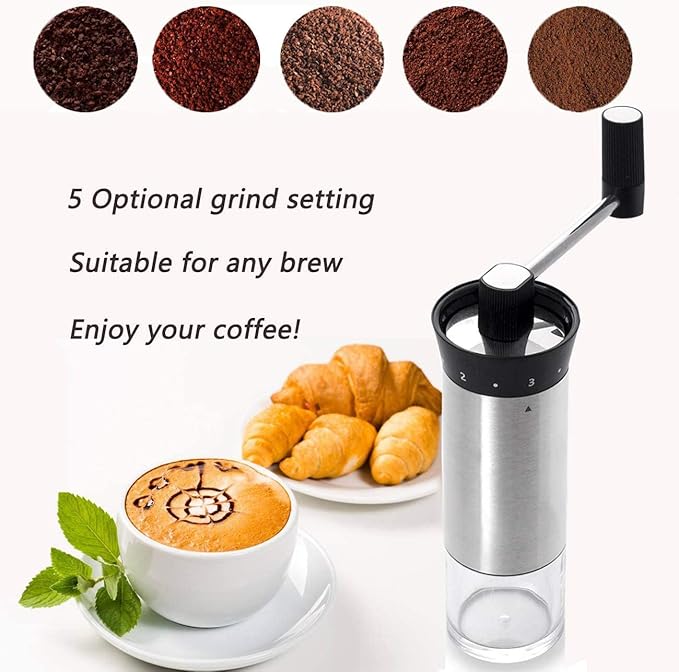 LHS Manual Coffee Grinder Stainless Steel Portable Hand Crank Coffee Mill Grinder Ceramic Conical Burr with Adjustable Coarseness for Home, Office or Traveling