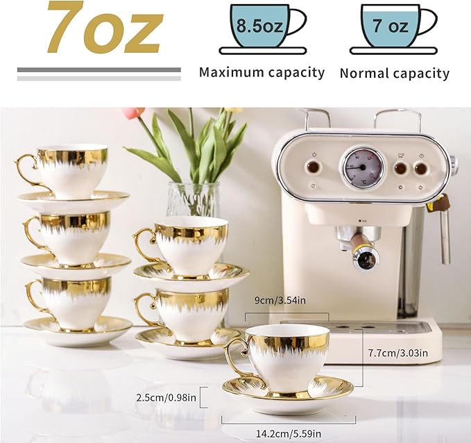 LETAOTAO Tea Cups and Saucers Set of 6, 7 oz Ceramic Turkish Coffee Cup With Gold Trim for Cappuccino, Latte, Mocha, Au Lait, Double Espresso, White