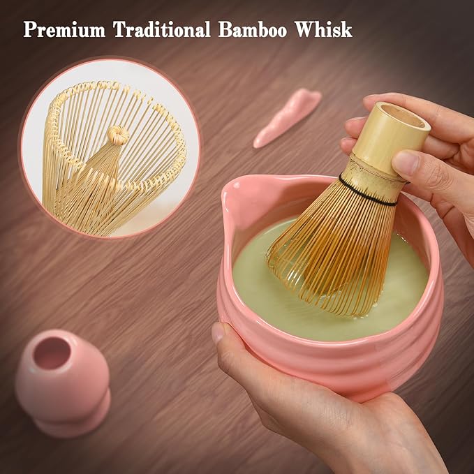 Matcha Whisk Set: 7 Pcs Ceramic Matcha Set with Bowl, Whisk, Holder, Scoop, Sifter, Rest & Towel – Japanese Matcha Kit Gift (Sakura Pink)