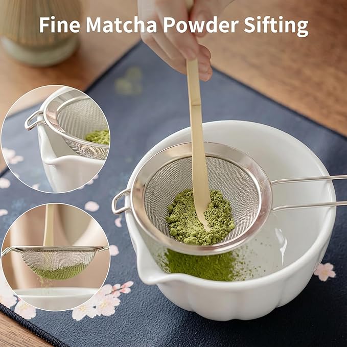 8 Pcs Matcha Whisk Set, HTRCXB Matcha Set with Ceramic Bowl, Bamboo Whisk & Holder, Scoop, Sifter, Measuring Spoon, Scoop Rest & Tea Towel, Complete Set for Beginners & Tea Lovers (Ceramic, White)