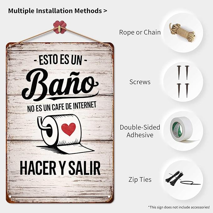Funny Metal Signs Bathroom Decor- Vintage Wall Art "Esto Es Un Baño No Es Un Cafe De Internet" - for Home, Office, Restroom Decor 8X12inch
