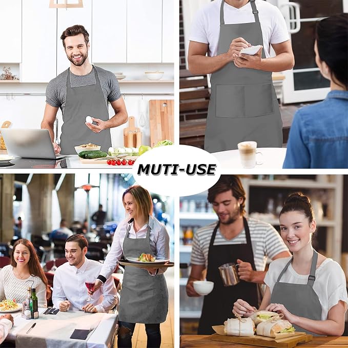 4 Packs Chef Apron, Waterproof Apron, Adjustable Aprons with 2 Pockets for Men Women, Professional Aprons for Kitchen Cooking Gardening Painting Baking Restaurant (Gray) - Image 7