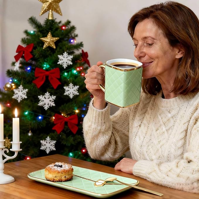 Zubebe 2 Set Coffee Mug Elegant Handbag Shaped Cup Mother's Day Modern Ceramic Purse Mug with Spoon and Saucer, 10oz Cute Creative Tea Cup for Woman Girls Gift (Light Green,Pink)