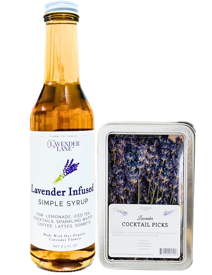 Lavender Lane Lavender Simple Syrup & Lavender Cocktail Picks, For Cocktails, Tea, Coffee, Mocktails, Garnishment by LavenderLaneFarm