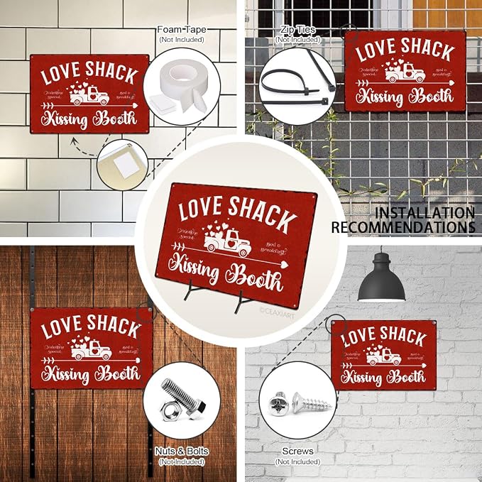 Kissing Booth Tin Sign Love Shack Metal Signs Valentine's Day Wall Art Decoration Home Farmhouse Bar Kitchen Cafe Living Room Coffee Corner White Day Decor Romantic Gift 12" x 8" - Image 4