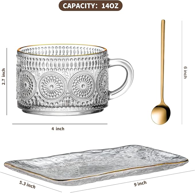 Gezzeny Vintage Coffee Mugs Set, Glass Cups Set with Saucer and Spoon, Clear Embossed Tea Breakfast Dessert Plate for Cappuccino, Latte, Cereal, Milk, Home Office Party, Golden, 3 Piece