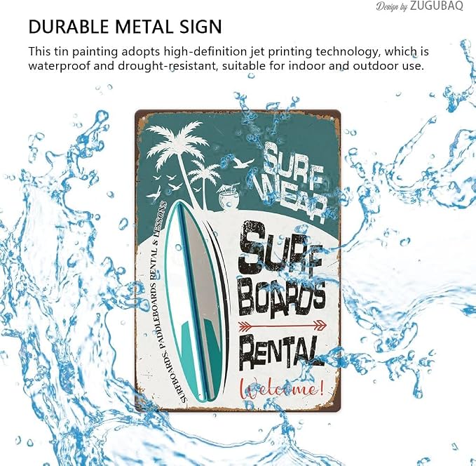 Vintage Tin Signs Wall Decor, Surf Boards Rental, Retro Metal Sign for Outdoor Indoor Home Beach Garden Tub Bar Farmhouse Cafe Gate Fence 8X12 Inch Decorations - Image 4