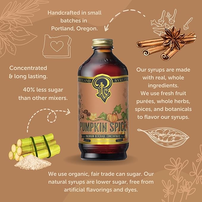 Portland Syrups Pumpkin Spice - Drink Mix for Exceptional Cocktails, Sugar Syrup for Drinks, Simple Syrup for Coffee, Mocktails, Baking, 12 oz, 24 Servings (Pack of 2)