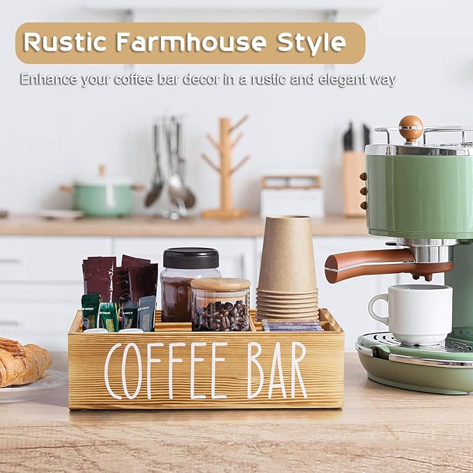 ALELION Brown Coffee Station Organizer - Wood Coffee Bar Accessories Organizer with Removable Dividers for Pods Condiment Syrup Tea Cups Stirrers - for Farmhouse Coutertop Decor