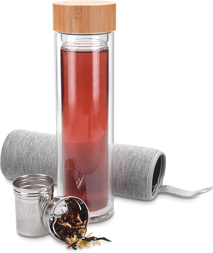 Navaris Glass Water Bottle with Tea Infuser - Double Walled Borosilicate Glass Travel Tumbler with Bamboo Lid and Non Slip Gray Neoprene Sleeve - 17oz