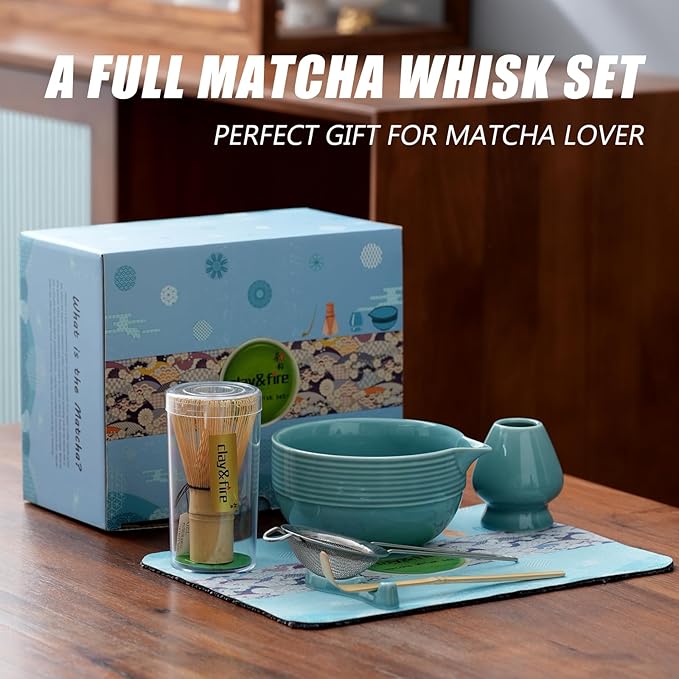 Clay&Fire Matcha Whisk Set, Ceramic Matcha Set, Matcha Bowl with Spout and Whisk, 9 pcs Matcha Tea Kit for Matcha Lovers, Ideal Gift Christmas, Birthday (Blue)