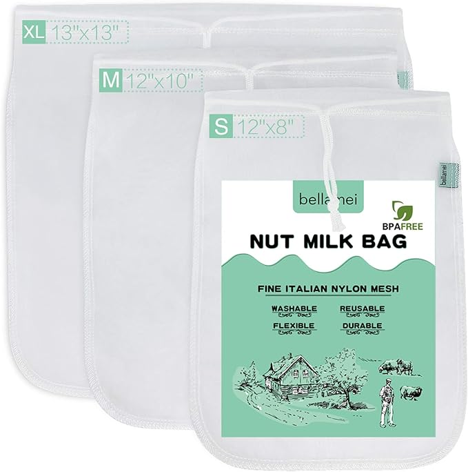 Nut Milk Bag Reusable 3 Pack Food Strainer Nut Bags for Straining Almond/Soy Milk Greek Yogurt Professional for Cold Brew Coffee Tea Beer Celery Juice Fine Nylon Mesh(8"x12"/10"x12"/13"x13")