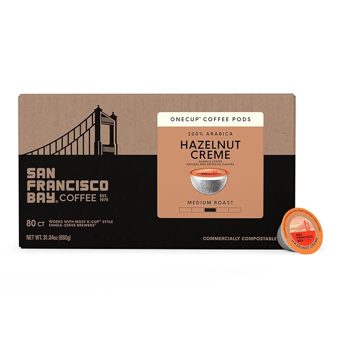 San Francisco Bay Compostable Coffee Pods - Hazelnut Crème (80 Ct) K Cup Compatible including Keurig 2.0, Flavored, Medium Roast