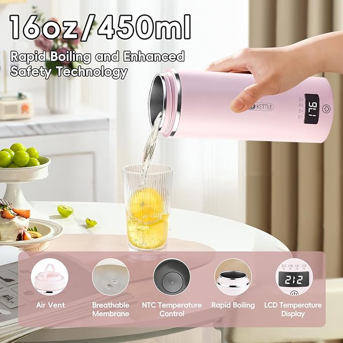 Travel Kettle, Portable Electric Kettle with 4 Temperature Controls, 304 Stainless Steel with Auto Shut-off & Leak Proof, Pink (120V)