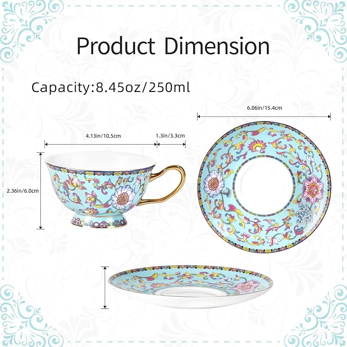 KAMMAK Tea Cups and Saucers Set of 2, Fine Bone China Coffee Cups, Stackable Espresso Mugs, Ceramic Demitasse for Coffee, Cappuccino, Latte, Americano, Tea, Full Bloom Blue