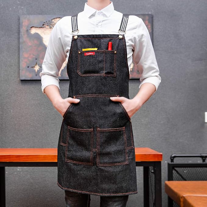 Unisex adjustable multi pocket denim apron for Chef Kitchen BBQ and Studio - Image 2