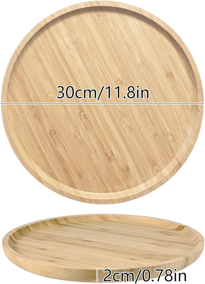 Round Bamboo Decorative Tray,Bamboo Wood Serving Platter Bamboo Breakfast Dinner Food Trays Coffee Tea Serving Tray Fruit platters for Home Hotel Restaurant (1, 11.81"x11.81"x0.78")