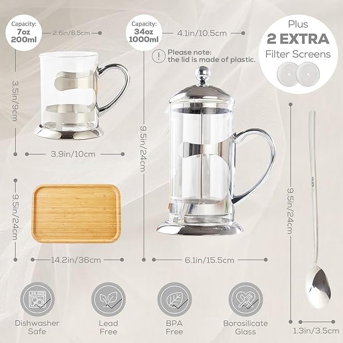 DUJUST Silver French Press Set with 6 Cups & Tray, Luxury Design Coffee Maker with 4-Level Filter System, Hot & Cold Resistant Glass French Coffee Press Set, Well Packed, Holiday Gift & Home Décor