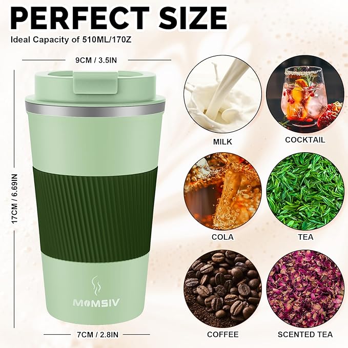 MOMSIV 17oz Travel Mug, Insulated Coffee Cup with Leakproof Lid, Vacuum Stainless Steel Double Walled Reusable Tumbler for Hot and Cold Water Coffee and Tea In Travel and Car