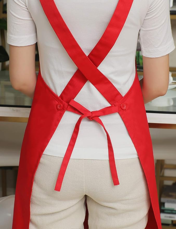 NEWGEM 100% Cotton Cross Back Apron for Women with 2 Pockets - Adjustable Button Straps Pinafore, No Neck Pain Kitchen Chef Apron for Cooking, Catering, Housewife (Red) - Image 3