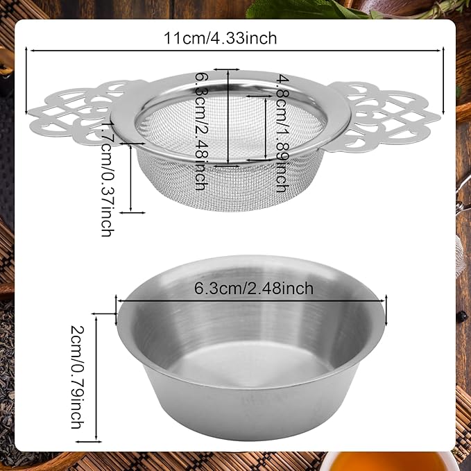 2 Pack Tea Strainers with Drip Bowls Stainless Steel Mesh Tea Infusers Loose Leaf Tea Filter with Handles Tea Steeper for Tea Juice Coffee Drinks, Silver