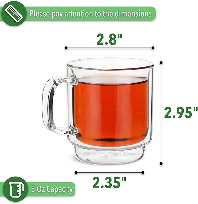 BTaT- Double Walled Stackable Espresso Cups, 5 oz, Set of 4, Clear Coffee Mugs, Double Wall Insulated Espresso Cups, Coffee Mugs for Tea, Lattes, Hot & Cold Beverages
