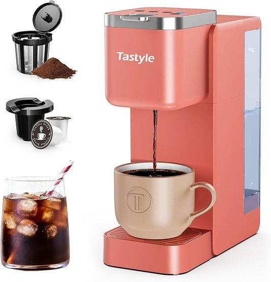 Single Serve Coffee Maker, Iced and Hot Coffee Machine for K Cup & Grounds, Compact Design, 40oz Removable Water Reservoir, 6 to 24 Oz Brew Sizes, Fits 7.3" Travel Mug, Salmon