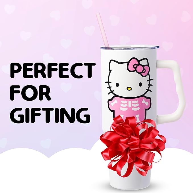 Silver Buffalo Sanrio Hello Kitty Halloween Spooky Skeleton Costume Double Walled Stainless Steel Tumbler with Handle and Straw, Fits in Standard Cup Holder, 40 Ounces