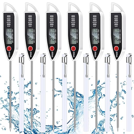 6 Set Waterproof Food Thermometer for Water, Liquid, Candle and Cooking Digital Meat Thermometer with Long Probe Instant Read for Kitchen BBQ Grill Candy (White)