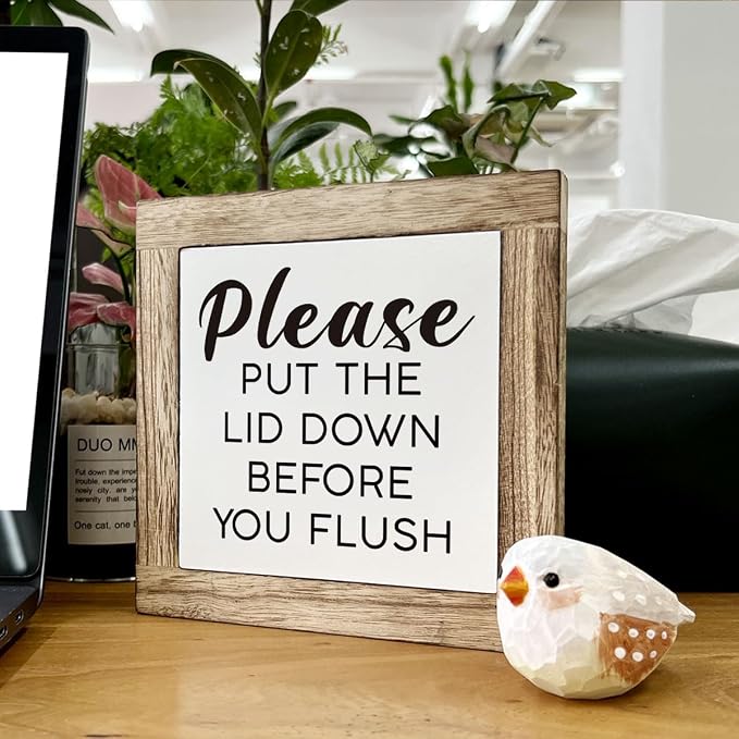 Rustic Pine Wooden Box Sign, 5.9x5.9x0.7in, Home Decor, Words & Quotes, Tabletop Mount, Please Put The Lid Down Before You Flush - Image 6