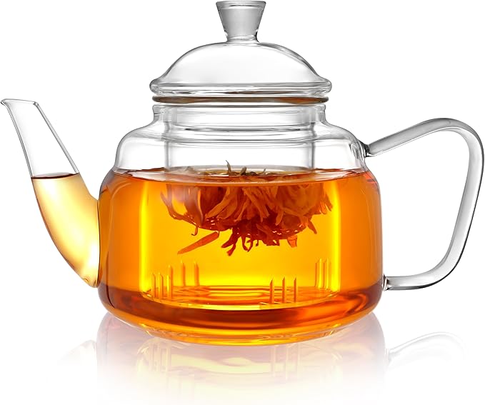 CNGLASS Glass Teapot with Removable Infuser,20oz(600ml) Clear Glass Tea Kettle Stovetop Safe,Glass Teapot with Strainer for Blooming and Loose Leaf Tea