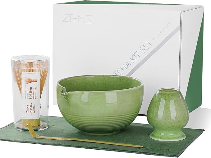 ZENS Matcha Whisk Set, 5pcs Matcha Kit Set Includes Emerald Green Bowl, Handcrafted Bamboo Whisk and Chasen Holder, Scoop & Tea Mat, Matcha Tea Ceremony Gift for Matcha Lovers