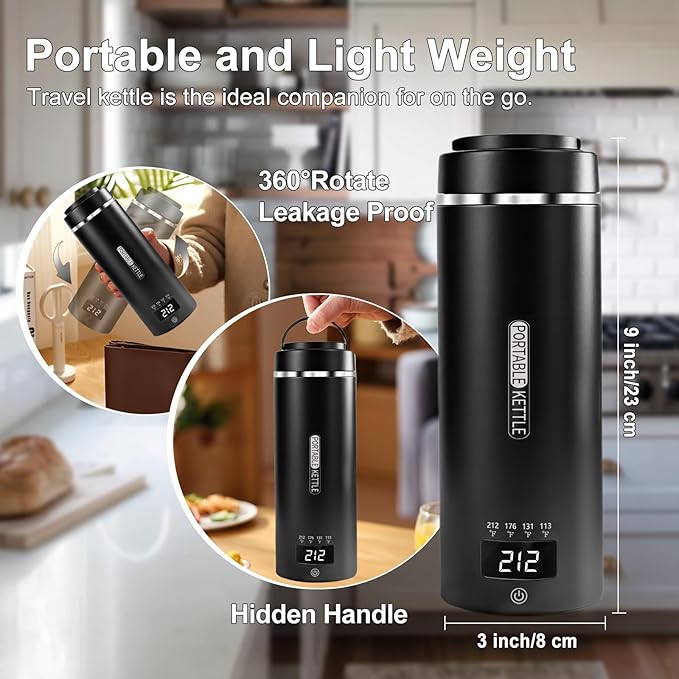 Travel Kettle, Portable Electric Kettle with 4 Temperature Controls, 304 Stainless Steel with Auto Shut-off, Black (120V)