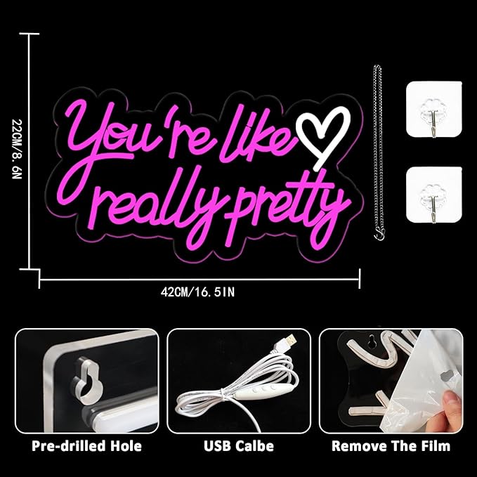 You're Like Really Pretty Neon Sign, Neon Signs for Wall Decor, Pink Led Neon Light for Wall Decor, USB Dimmable Led Neon Light Sign for Wedding, Bedroom, Home Decor
