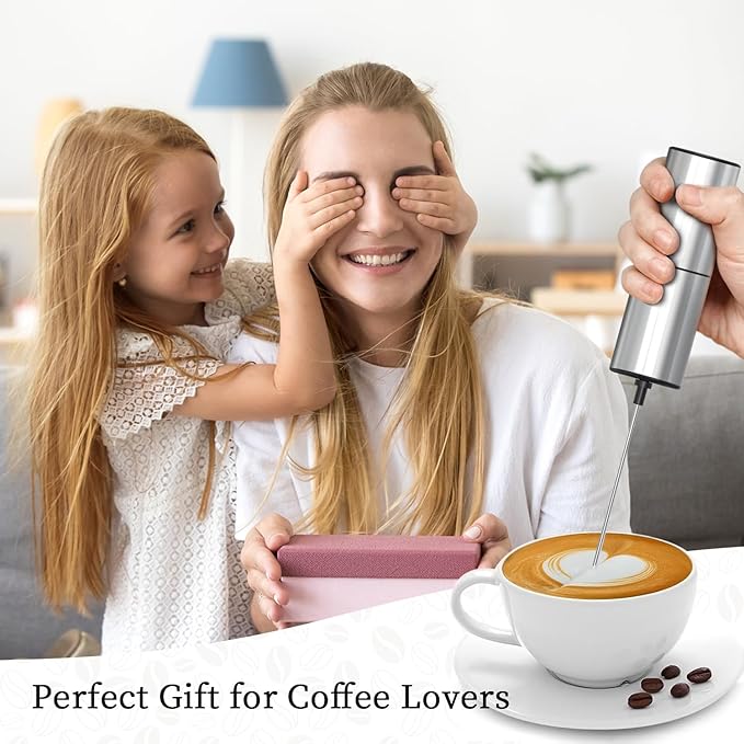 Battery Operated Coffee Frother by ELMWAY, Stainless Steel Electric Whisk, Mini Milk Frother Handled for Coffee, Latte, Matcha and Protein Powder (Silver without Stand)