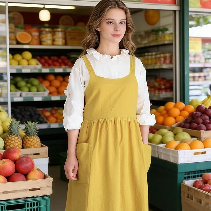 Cotton Linen Cross Back pinafore Apron Dress for Women with Pockets for Cooking Cleaning - Crossback Apron - Yellow - without Waist Ties - Image 7