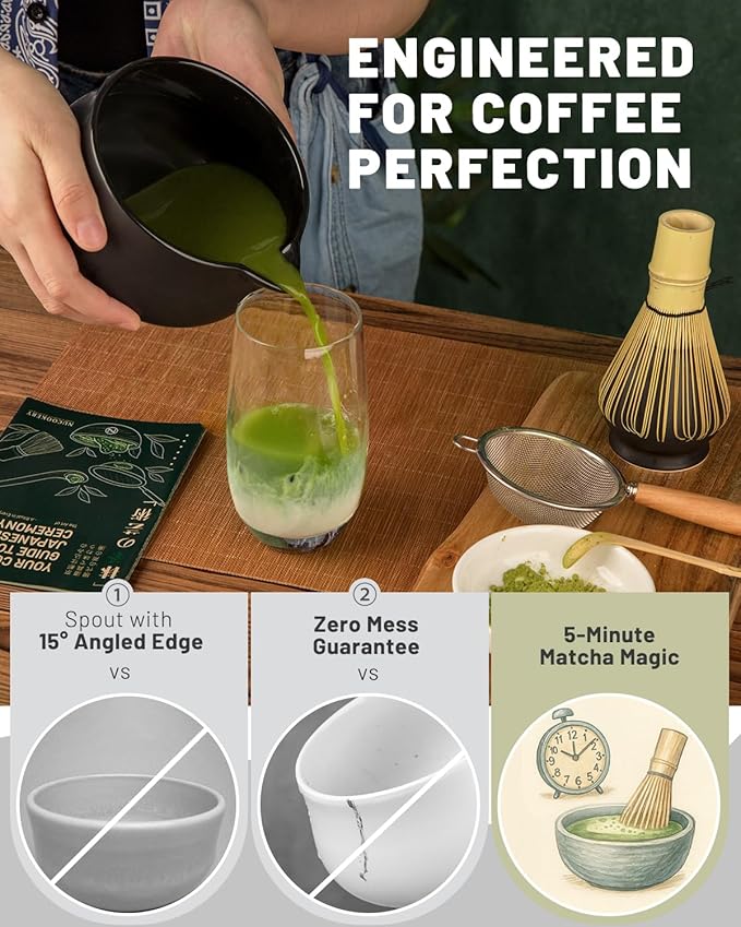 Nucookery Matcha Whisk Set - 5 Pcs Matcha Set with 18oz Ceramic Matcha Bowl (Chawan) with Spout, Bamboo Whisk & Holder, Scoop and Sifter | Complete Matcha Kit for Japanese Tea Ceremony (Black)
