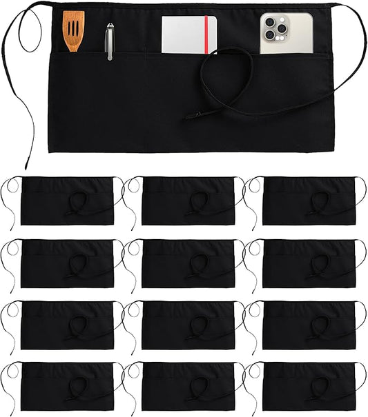Utopia Wear 12 Pack Server Aprons with 3 Pockets, Waiter and Waitress Waist Aprons for Women with Pockets, Men Short Aprons