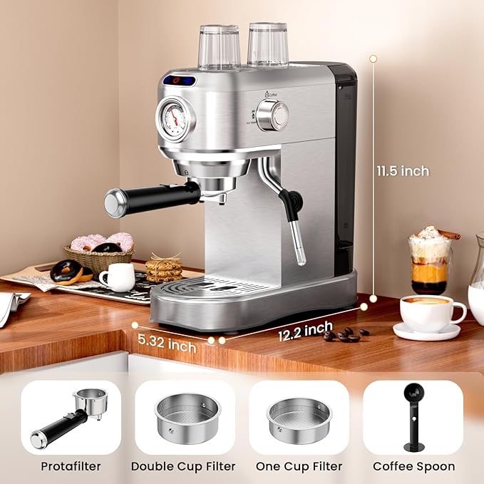 Espresso Machine, 20 Bar Compact Espresso Maker with Steam Milk Frother, Stainless Steel Expresso Machines for Home, 34oz Removable Water Tank for Latte, Cappuccino, Silver