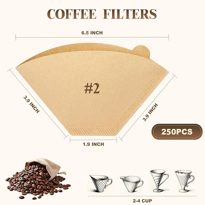 250 Count #2 Coffee Filters 2-4 Cup, Premiun Unbleached Natural Coffee Paper Filters, No Blowout, Disposable Coffee Filter Cone Paper for Pour Over and Drip Coffee Maker