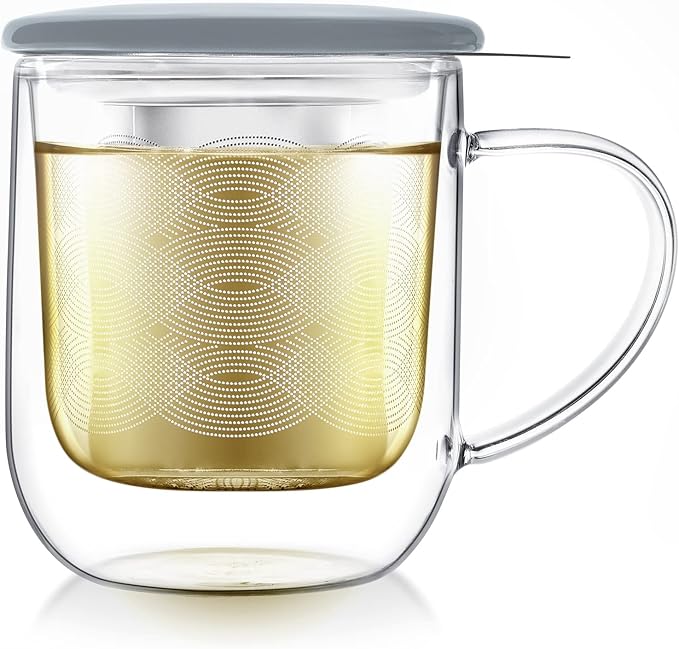 Teabloom Tea-For-One Steeping Mug – Insulated Double Wall Glass Mug (12 oz), Stainless Steel Infuser, Porcelain Lid/Coaster – Great For Brewing Loose Leaf Tea
