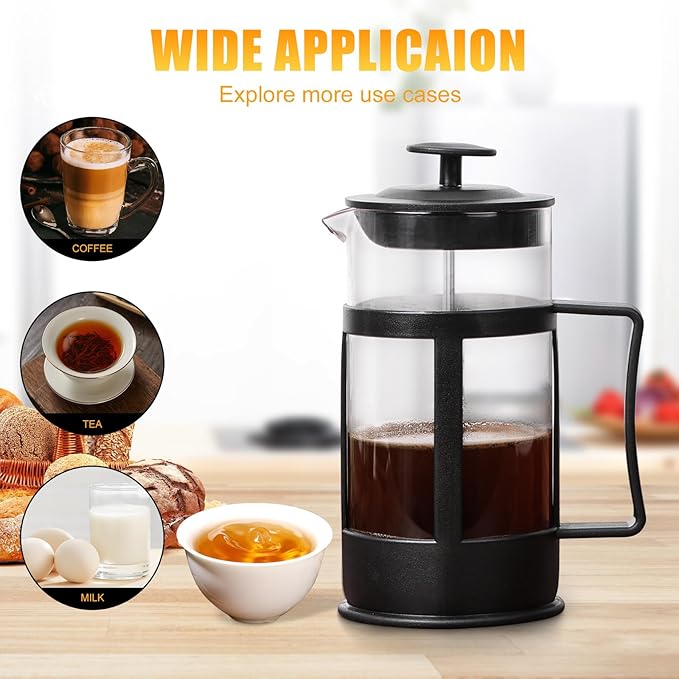Mini French Press Coffee Maker, Heat Resistant Thickened Borosilicate Classic Glass Stainless Steel Coffee Press, 12OZ Heat Cold Brew Coffee Pot Tea Press for Kitchen Travel Camping，Black
