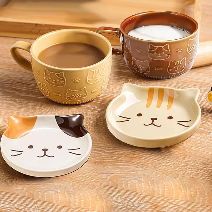 Gifts for Women Her Cute Kawaii Cat Coffee Mugs with Lids Christmas Birthday Presents for Girls Friend Kids Men Wife Mom Grandma Teacher Novelty Animal Coffee Ceramic Tea Cup Dessert Saucer Set