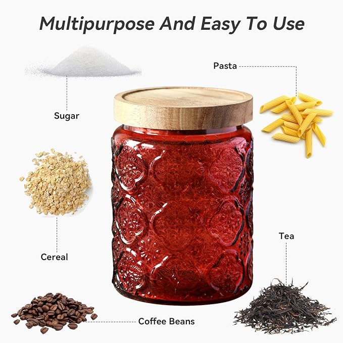 Glass Jar with Lid, Vintage Glass Storage Jars with Airtight Lid Coffee Canister Sugar Container for Kitchen Counter Pantry, Spice, Candy, Coffee Beans, Tea, Cookie (24 FL OZ Red Sunflower)