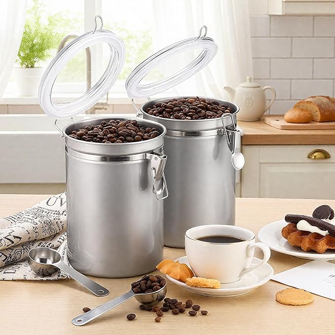 Suclain 2 Pack 64oz Stainless Steel Coffee Canister for Kitchen Airtight Coffee Bean Grounds Storage with 2 Measuring Spoons Large Metal Food Storage Canisters with Lid for Tea Cereal Sugar Flour