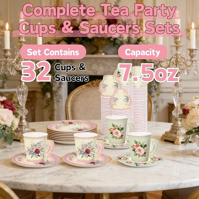 32 Set Floral Paper Tea Cups (7 oz) with Handle & 5.5" Saucers Set, 64pcs Disposable Tea Cup Saucers for Cold & Hot Drinks Serves 32 for Tea Party Wedding Baby Shower Party Supplies