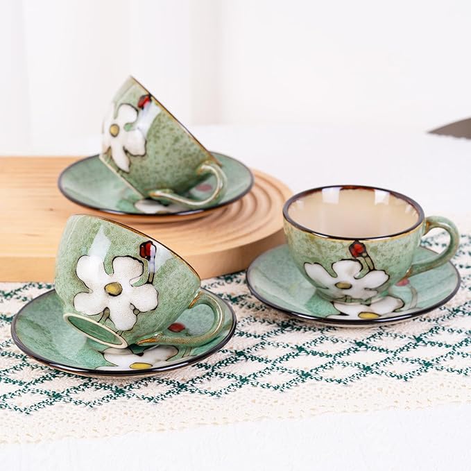 8 Oz Floral Porcelain Cappuccino Cups with Saucers Set of 4, Stoneware Tea Coffee Mugs for Home Kitchen & Office, Dishwasher Microwave Oven Safe, for Espresso, Latte, Americano, Milk & Tea, Green