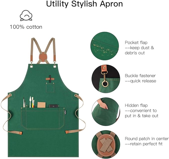 Chef Apron with Cross Back Straps for Men Women, Cotton Canvas Apron for Artists Painting, Kitchen Cooking - Image 3