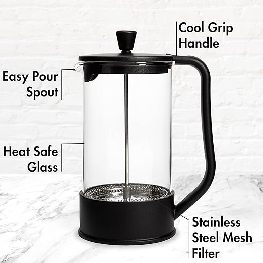 Primula French Press Coffee Maker, Heat Resistant Borosilicate Glass with Stainless Steel Filters, 8 Cup, 34 oz, Black